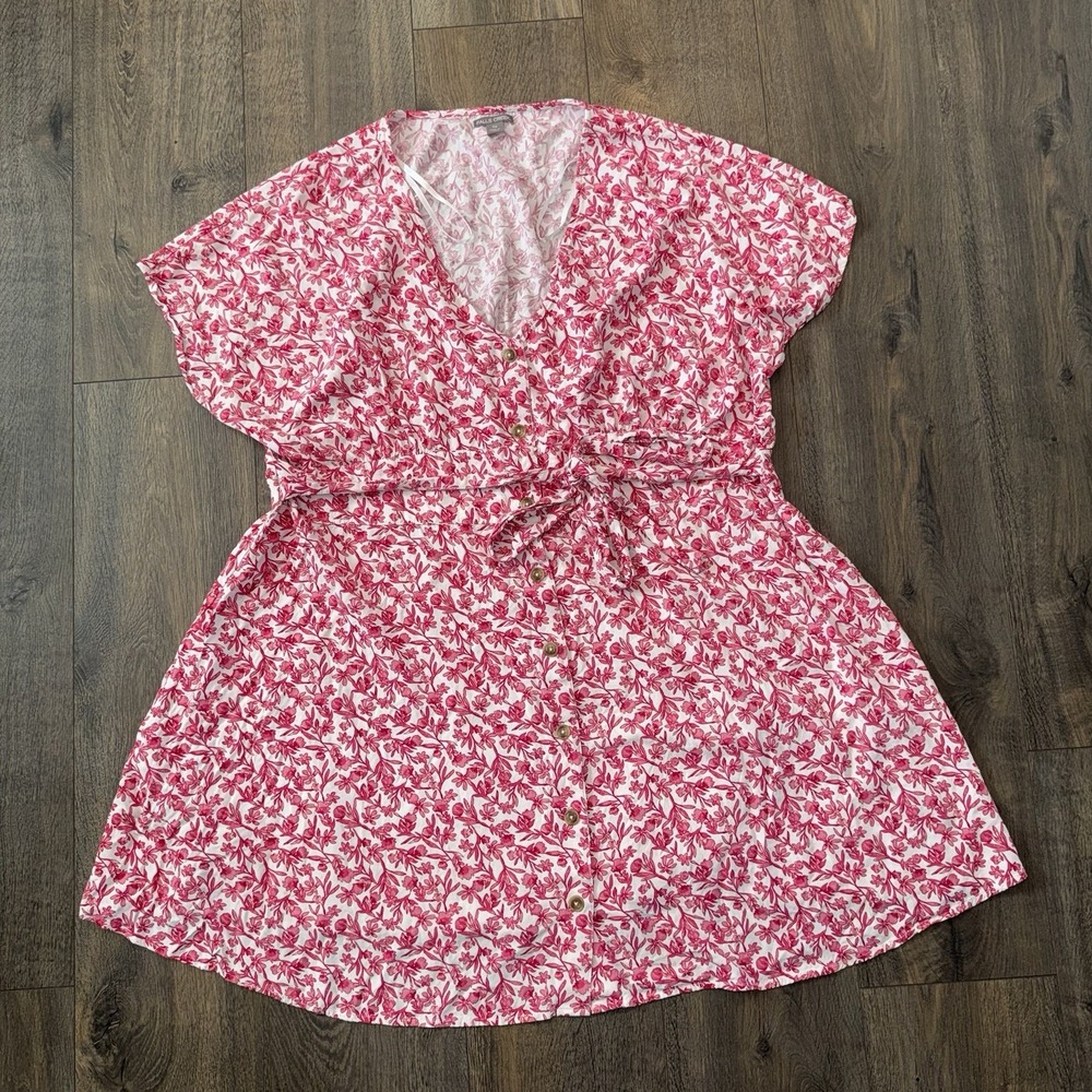 Falls Creek Pink Floral Ruffle Short Sleeve Belted Mini SunDress 3X Cottagecore